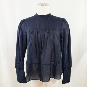 Club Monaco sheer black blouse high collar stripes ladder stitch trim Medium